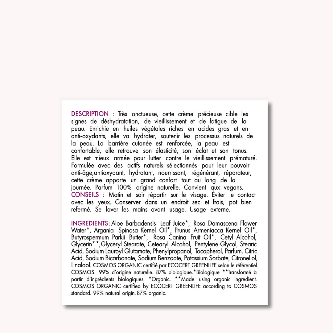 Vue de la face du packaging contenant la Liste INCI et la description de la crème visage
