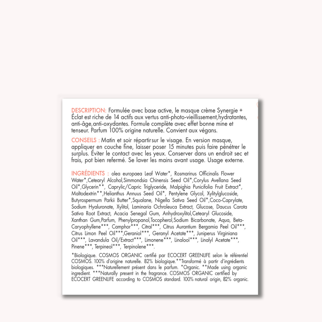 Vue de la face du packaging contenant la liste INCI et la description de la crème visage