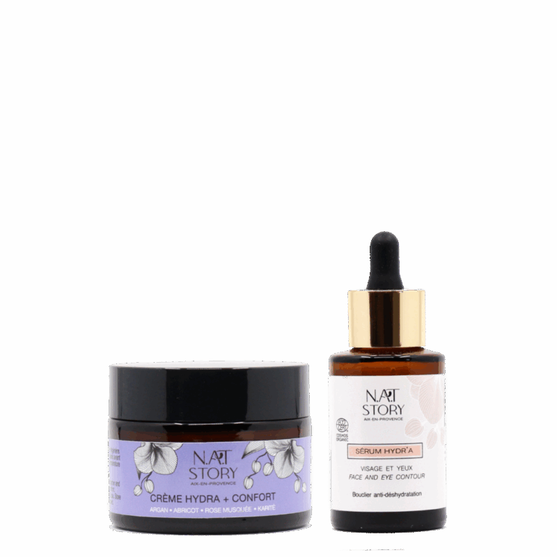 Pot de creme et flacon de sérum côte à côte sur fond blanc