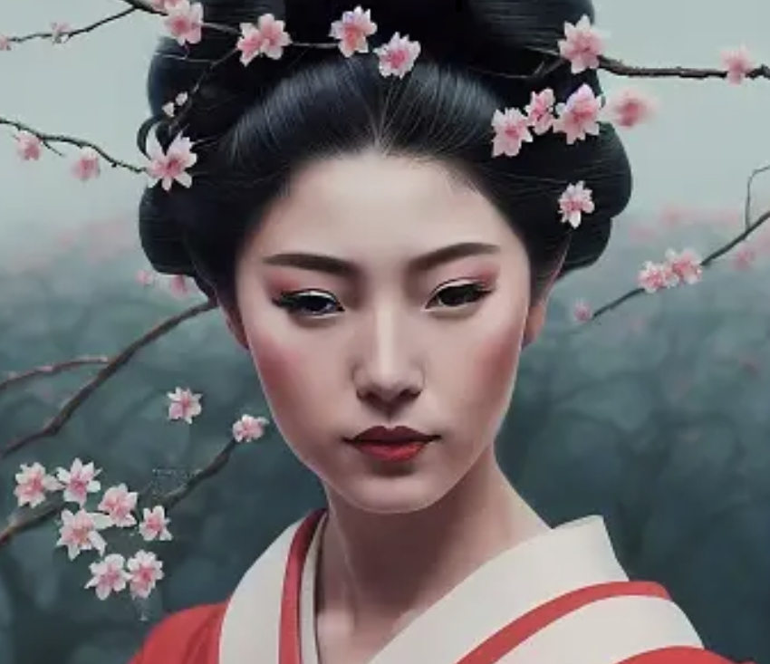 visage de geisha avec branches de cerisier