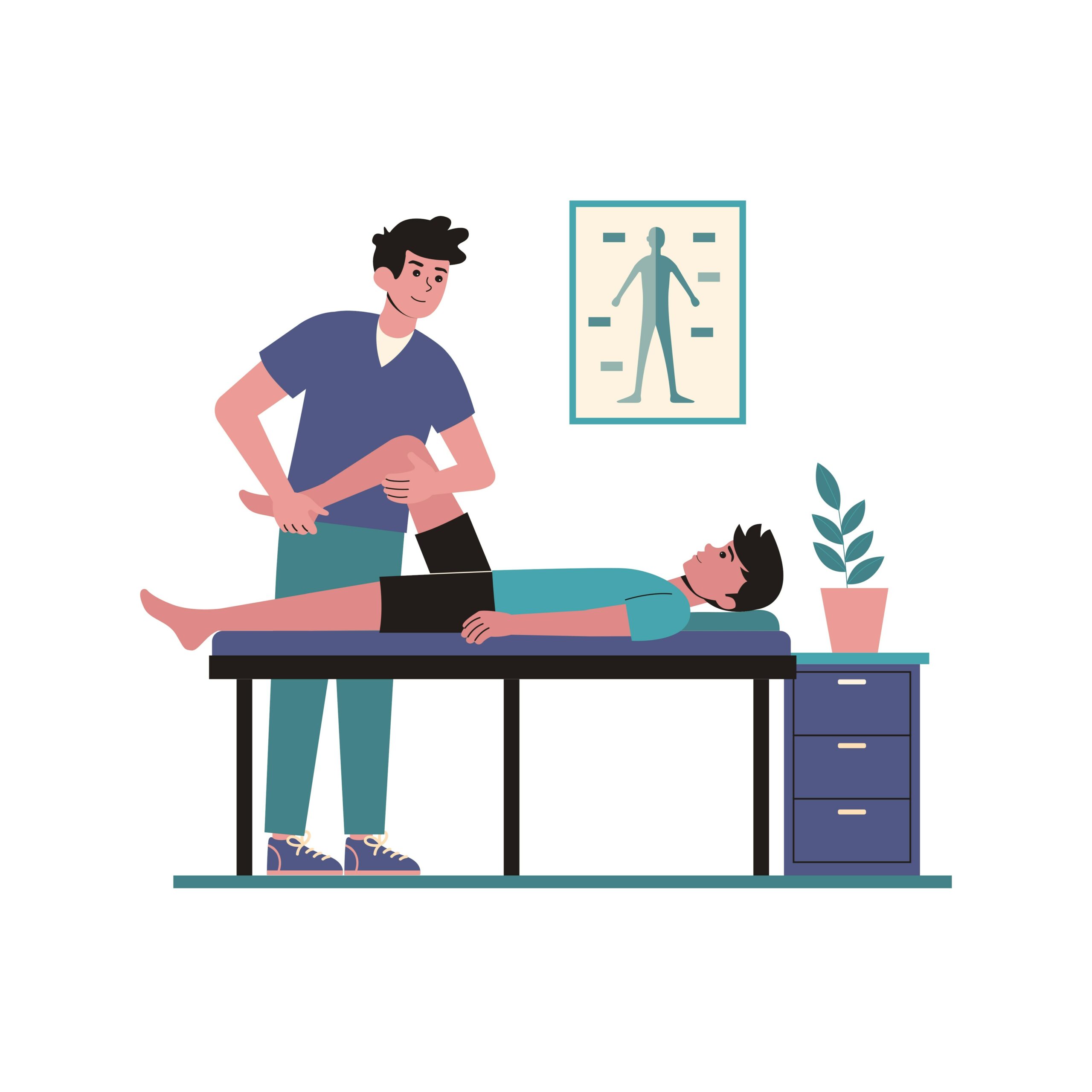dessin d'un kinésithérapeute et de son patient sur une table de massage