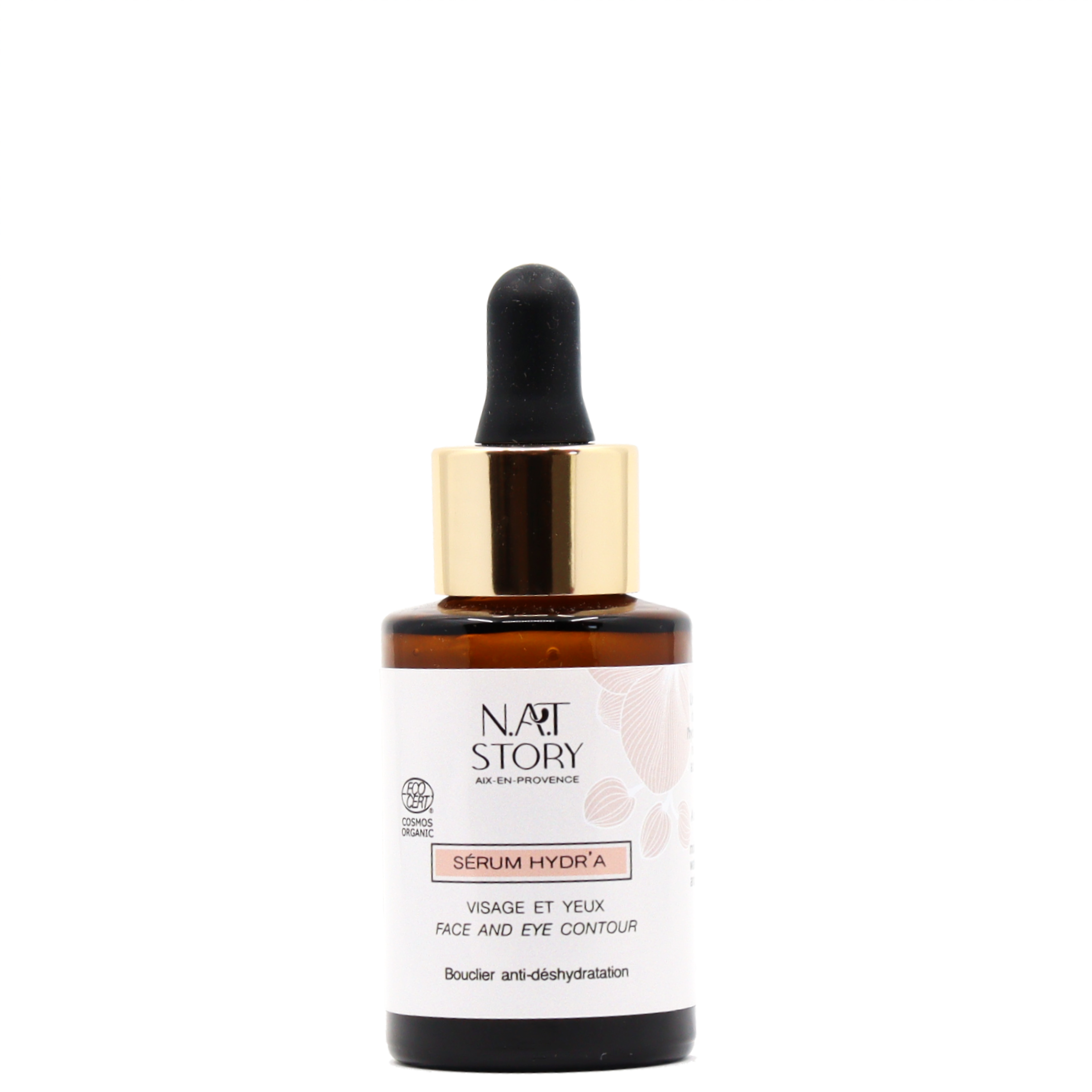 flacon de serum en verre ambré sur fond blanc