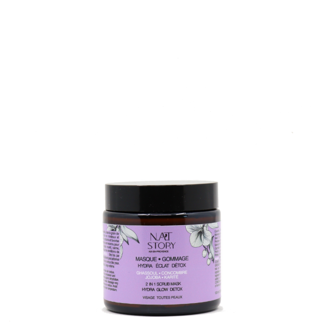 pot en verre ambré avec etiquette mauve sur fond blanc